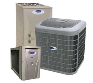 Three Carrier HVAC units: outdoor condenser, furnace, and indoor coil.