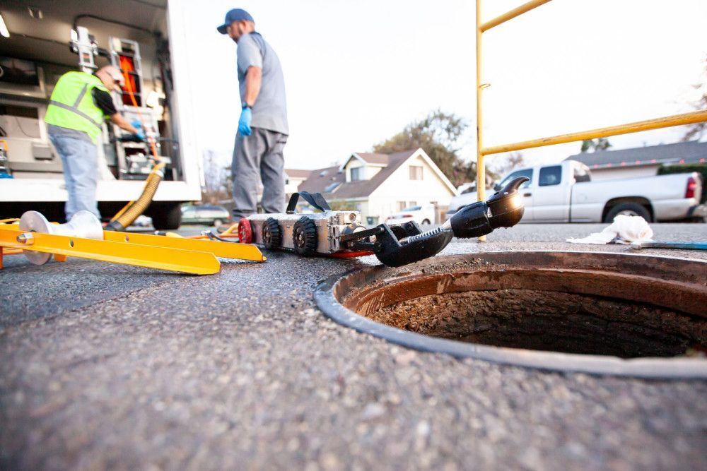 Workers inspecting sewer with a camera robot; van, street, and manhole are visible.