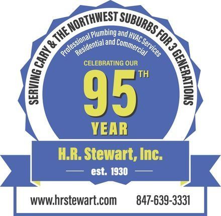 Logo for H.R. Stewart, Inc., a plumbing and HVAC service, celebrating its 95th year in Cary and the Northwest suburbs.