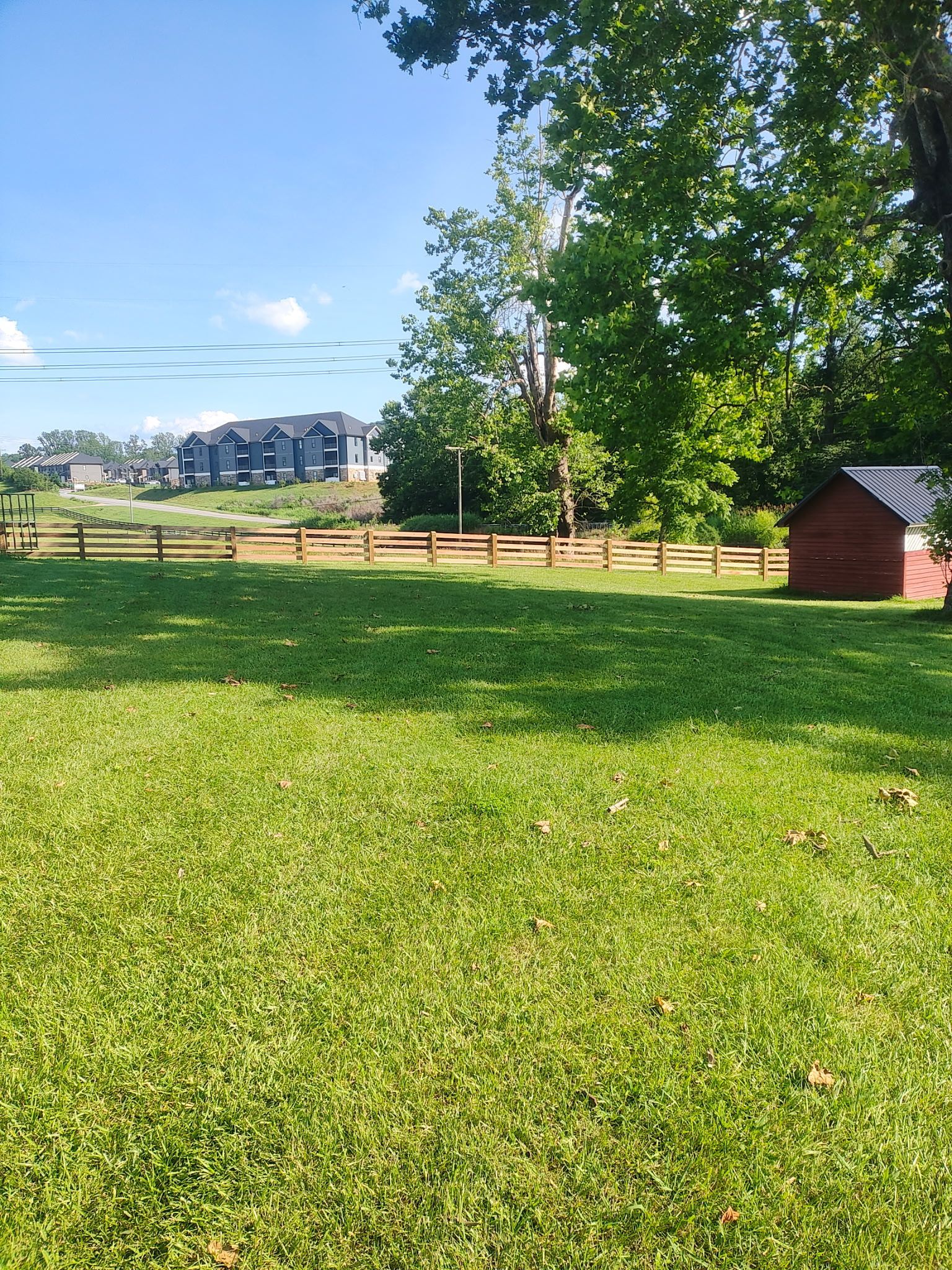 Green grassy field, wooden fence, small red shed, and trees under a blue sky, with buildings in the distance.