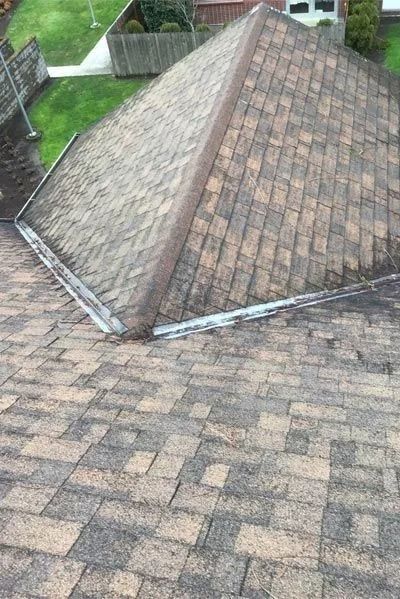 Roof with brown shingles, some dark patches, and a metal flashing.