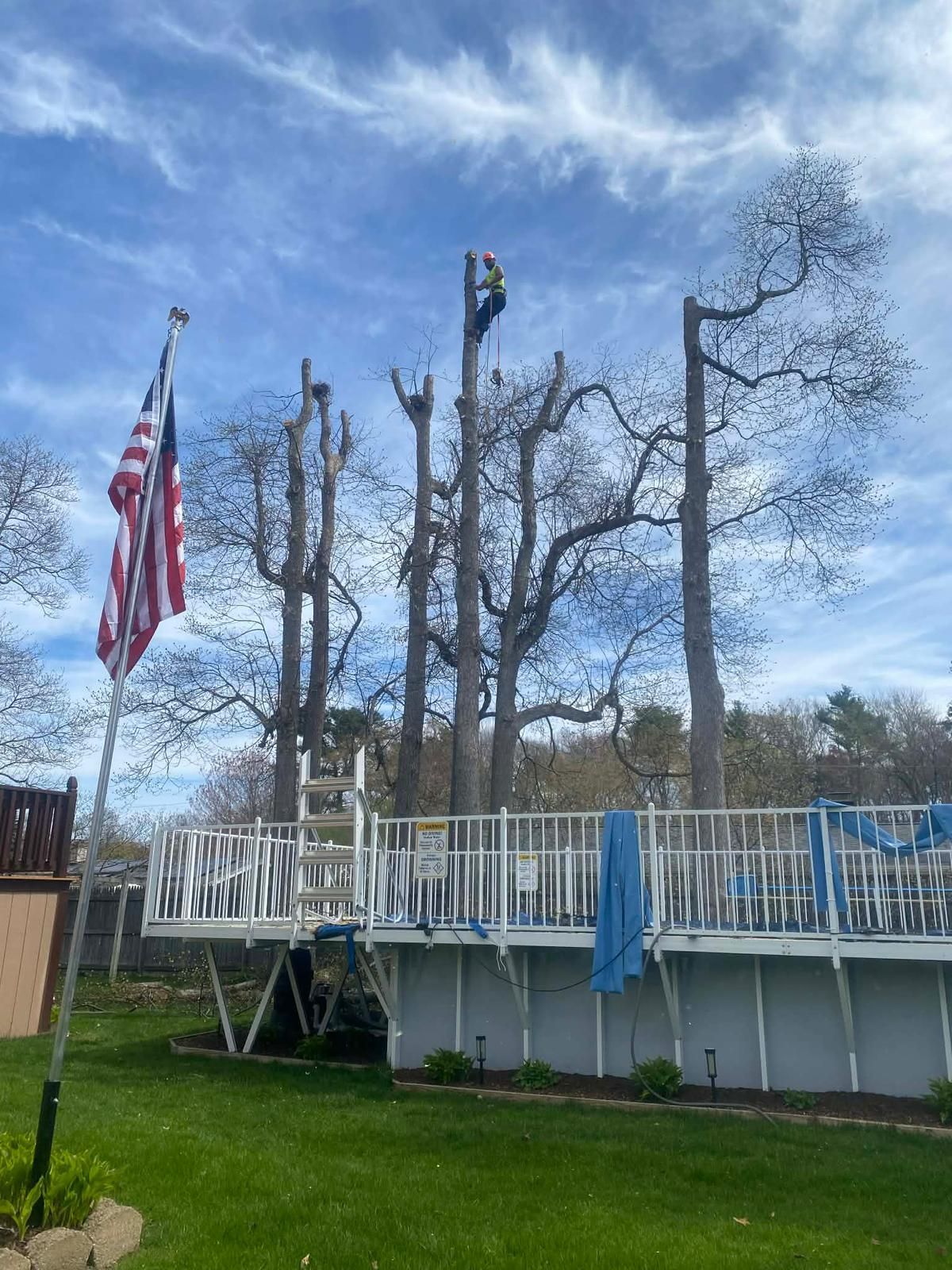 Backyard deck with white railing, bare trees, and an American flag under a blue sky