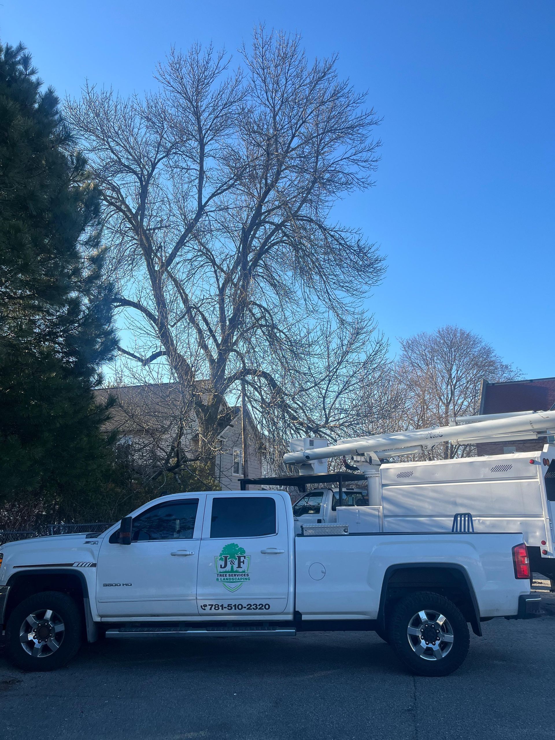White utility pickup truck with ladder racks parked outdoors beside trees and a blue sky.
