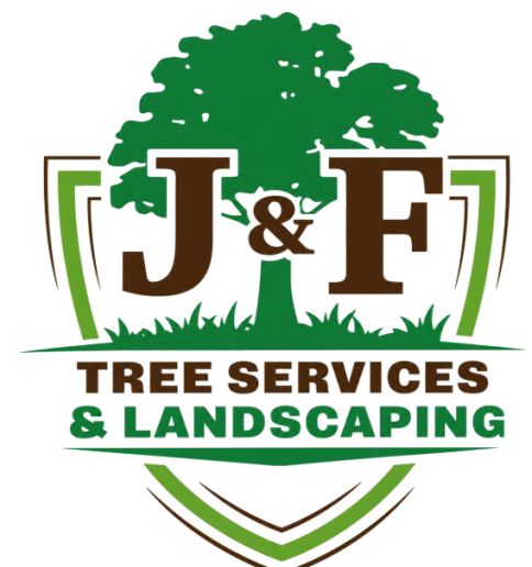 J&F Tree Services & Landscaping logo with green tree, brown letters, and shield emblem