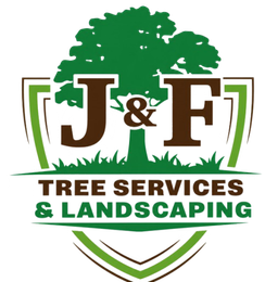 J&F Tree Services & Landscaping logo with green tree, brown letters, and shield emblem