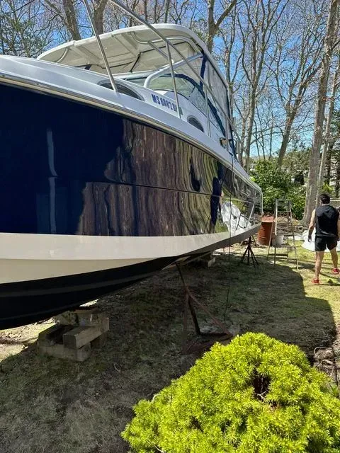 Boat, blue hull and white top, on blocks in a yard. Person walking. Green bush.