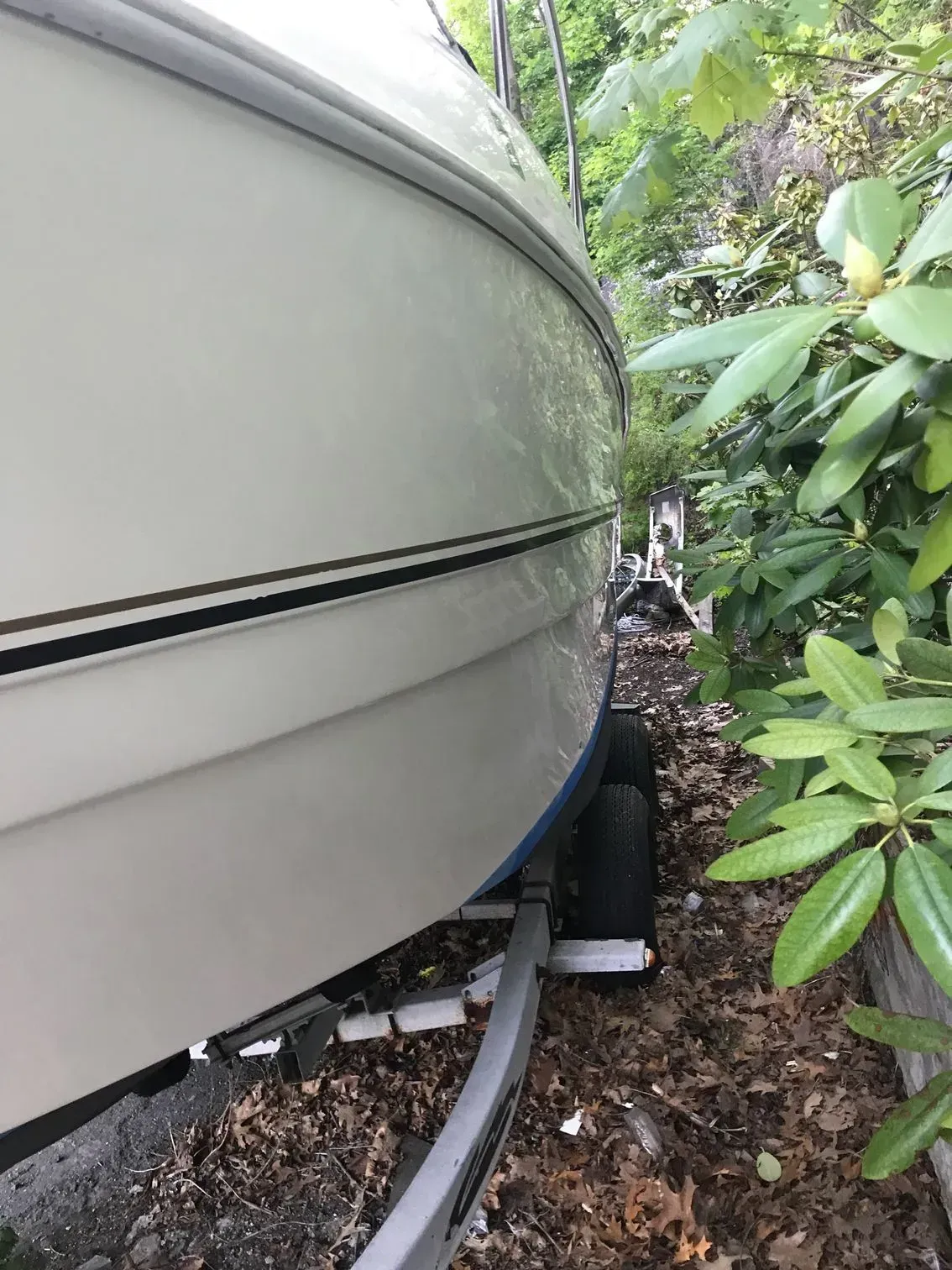 A close-up view of the white hull of a boat on a trailer, positioned next to a leafy green bush.