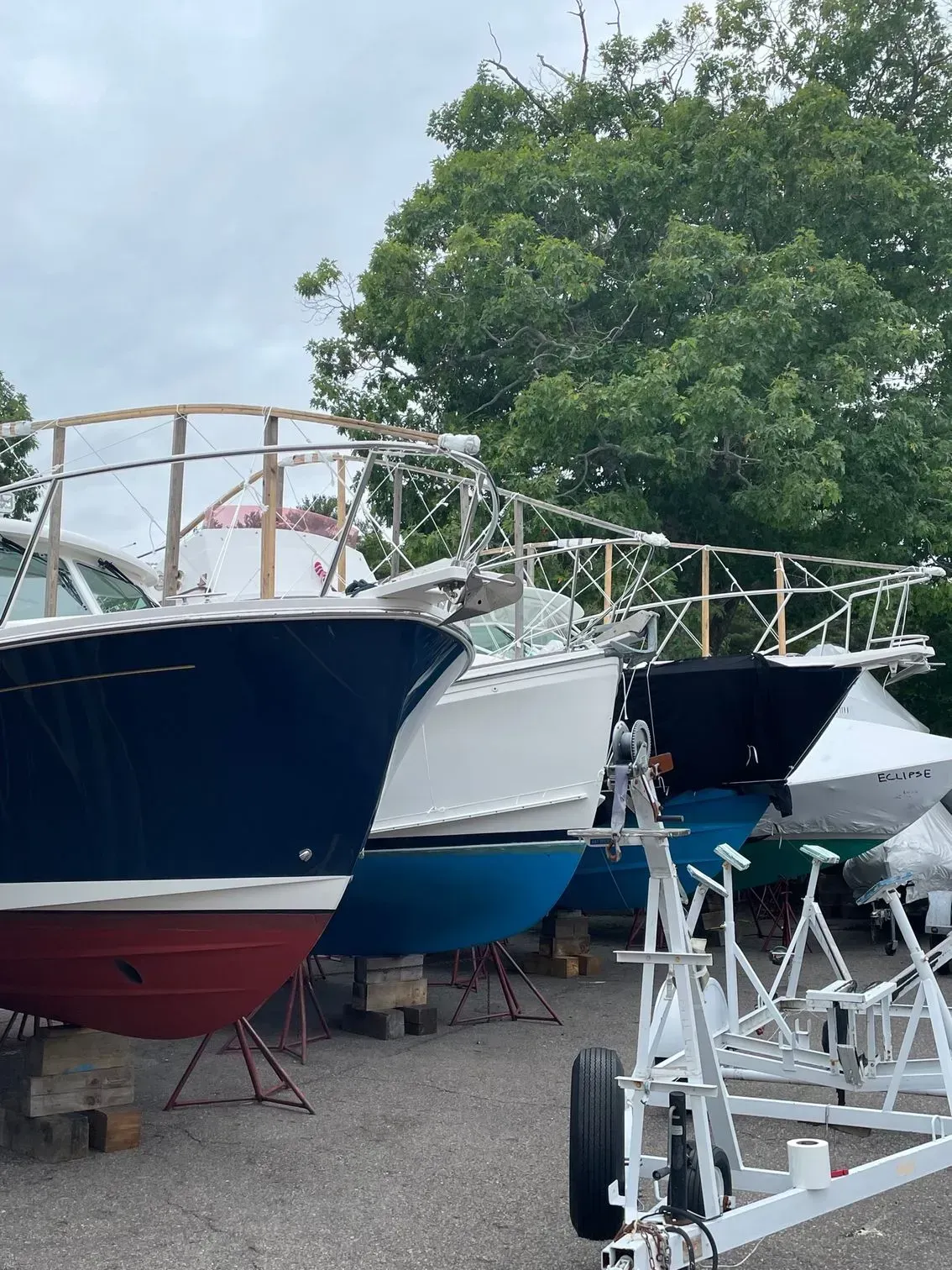 Three boats on trailers parked in a yard, featuring blue and white hulls, under a leafy tree against an overcast sky.