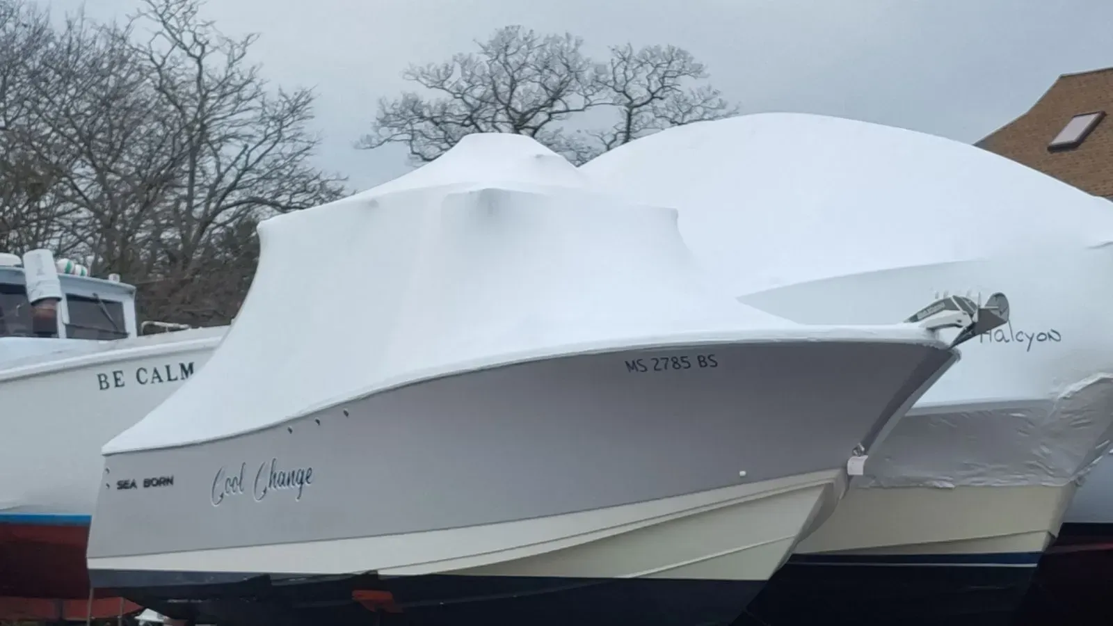Boats covered in white tarps for winter storage; overcast day.