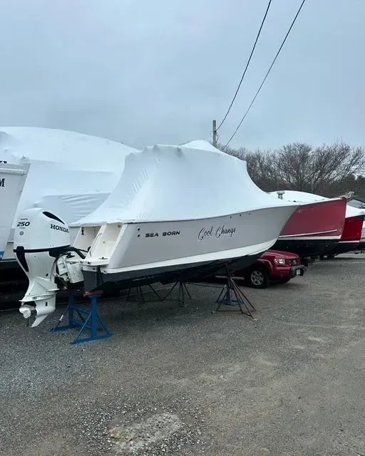 Boat on stands, covered with white tarp.