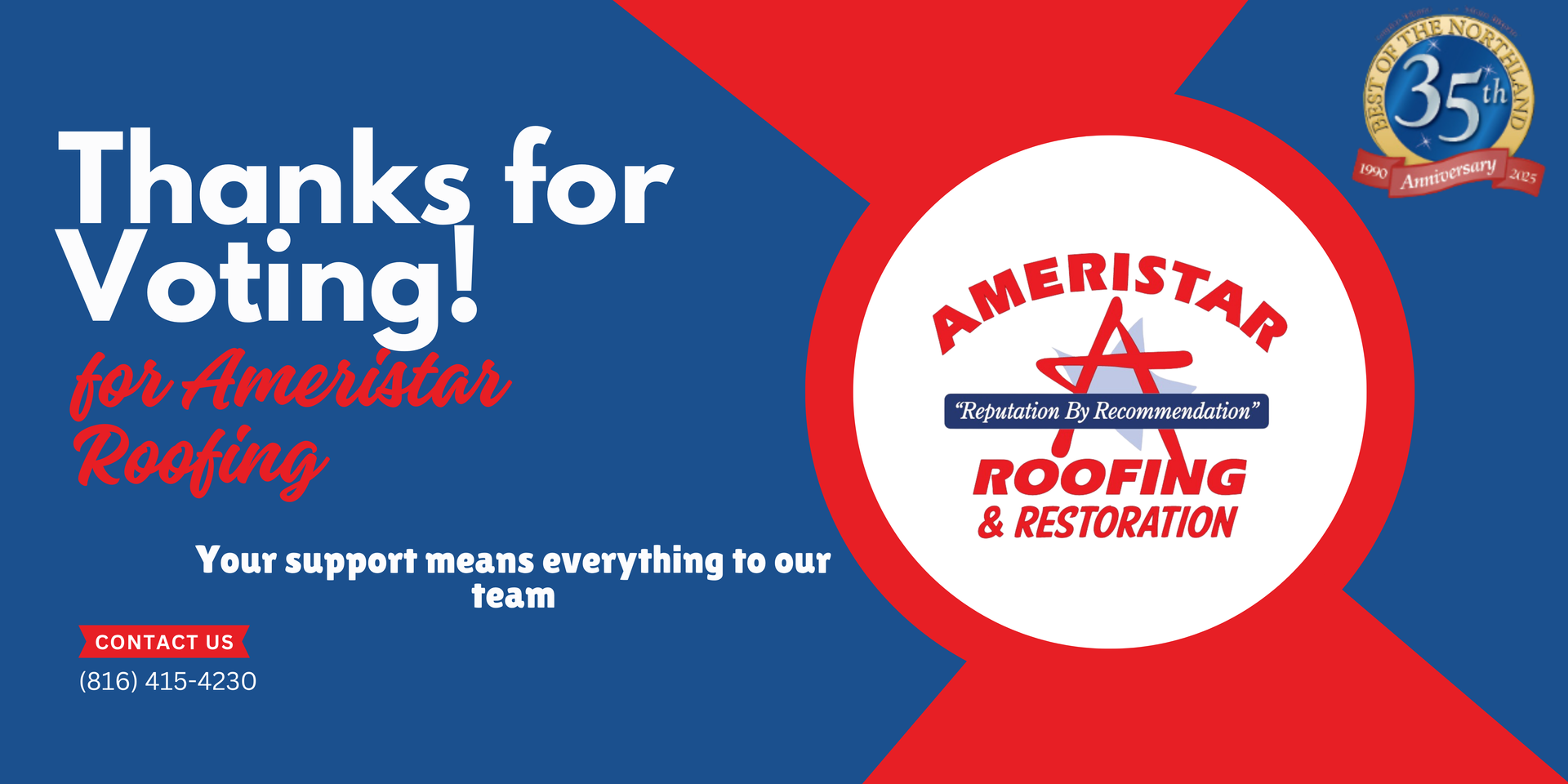Thanks for voting! Ameristar Roofing & Restoration banner on red and blue with 35th anniversary seal