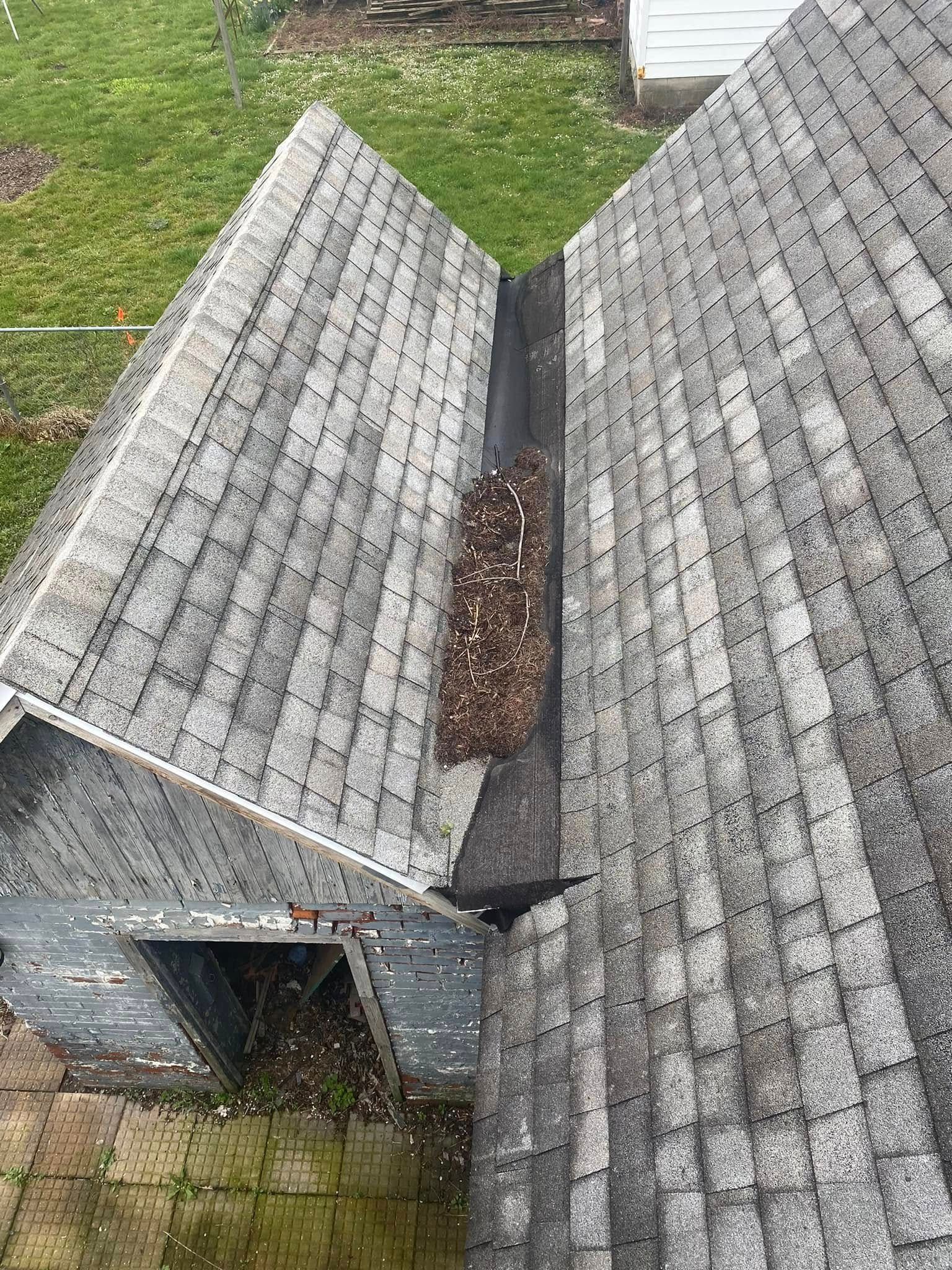 Overhead view of a gray shingled roof with debris accumulated in the roof valley.