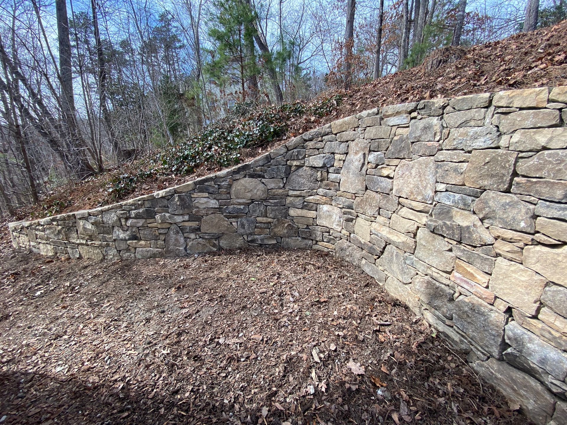 A stone wall is sitting on top of a hill in the woods.