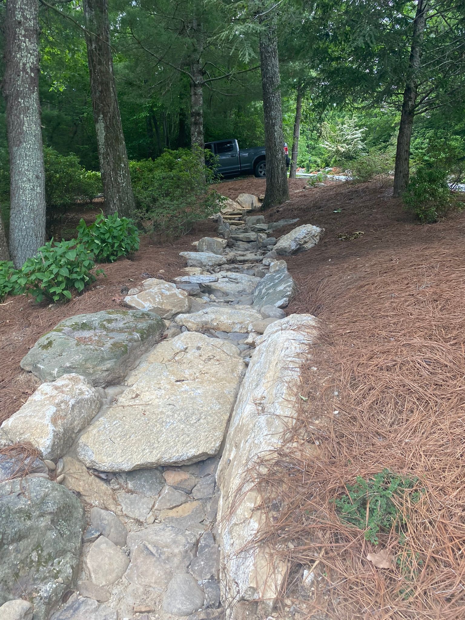 A stone path in the middle of a forest with a car parked in the background.