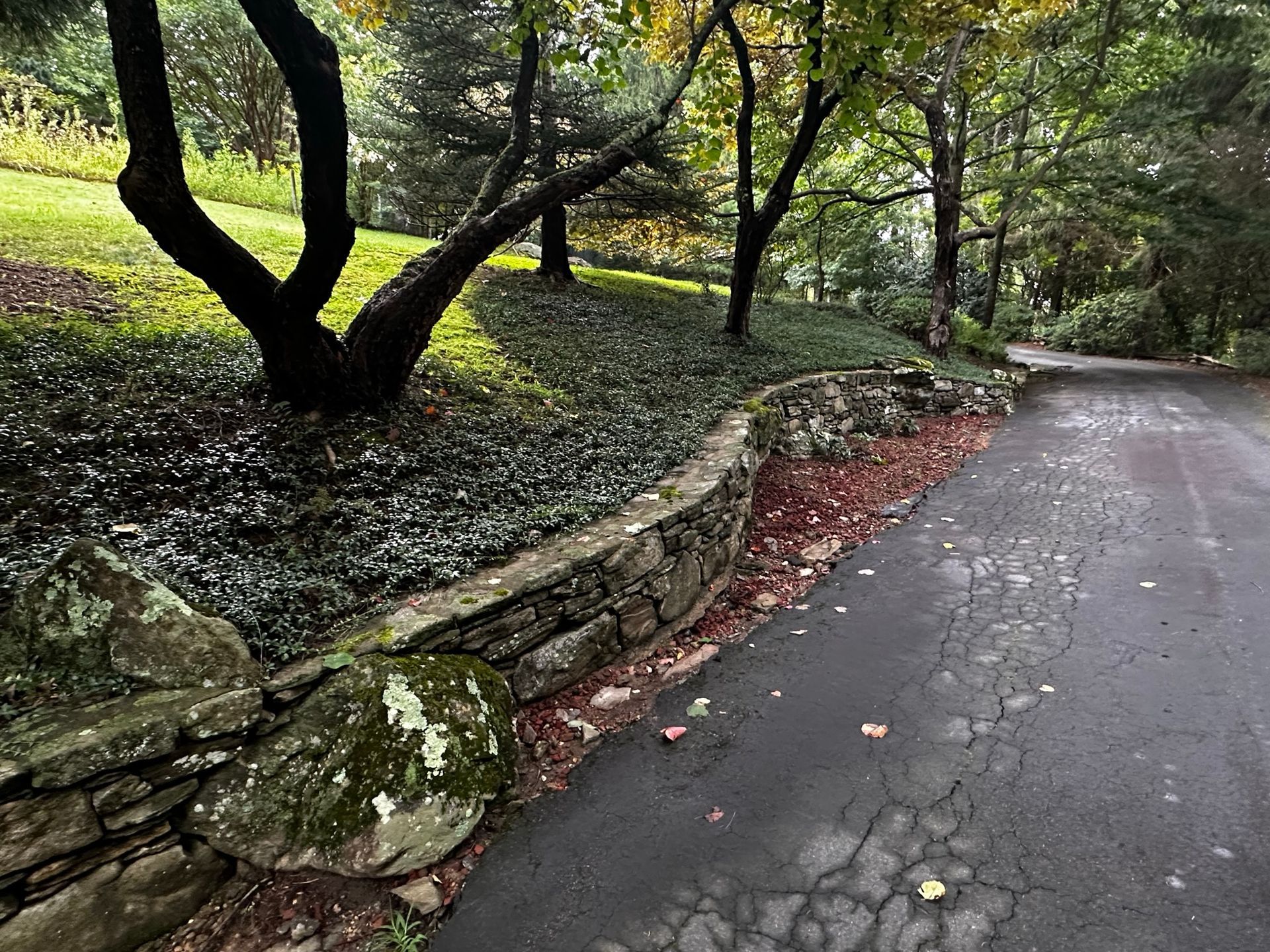 There is a stone wall along the side of the road.