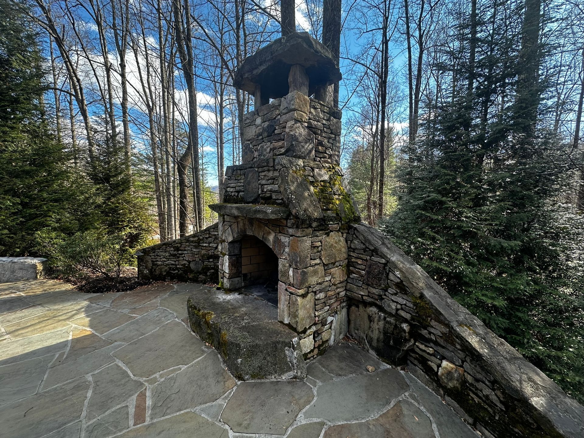 There is a stone fireplace in the middle of the woods.