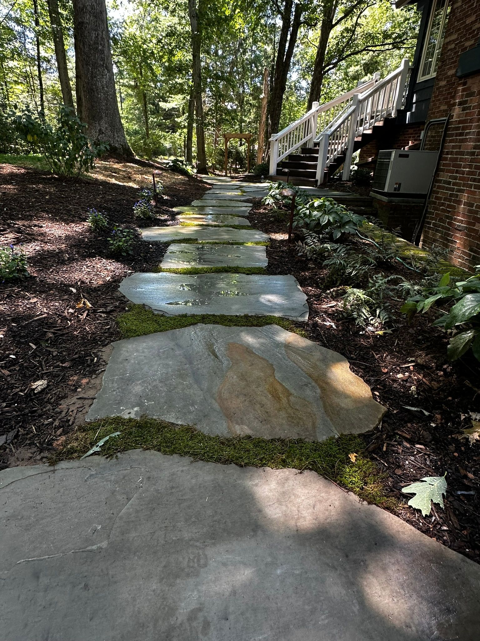 A stone walkway leading to a house in the woods.