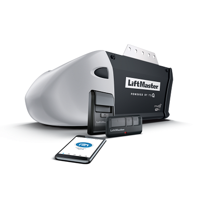 A LiftMaster garage door opener with a remote control and a cell phone