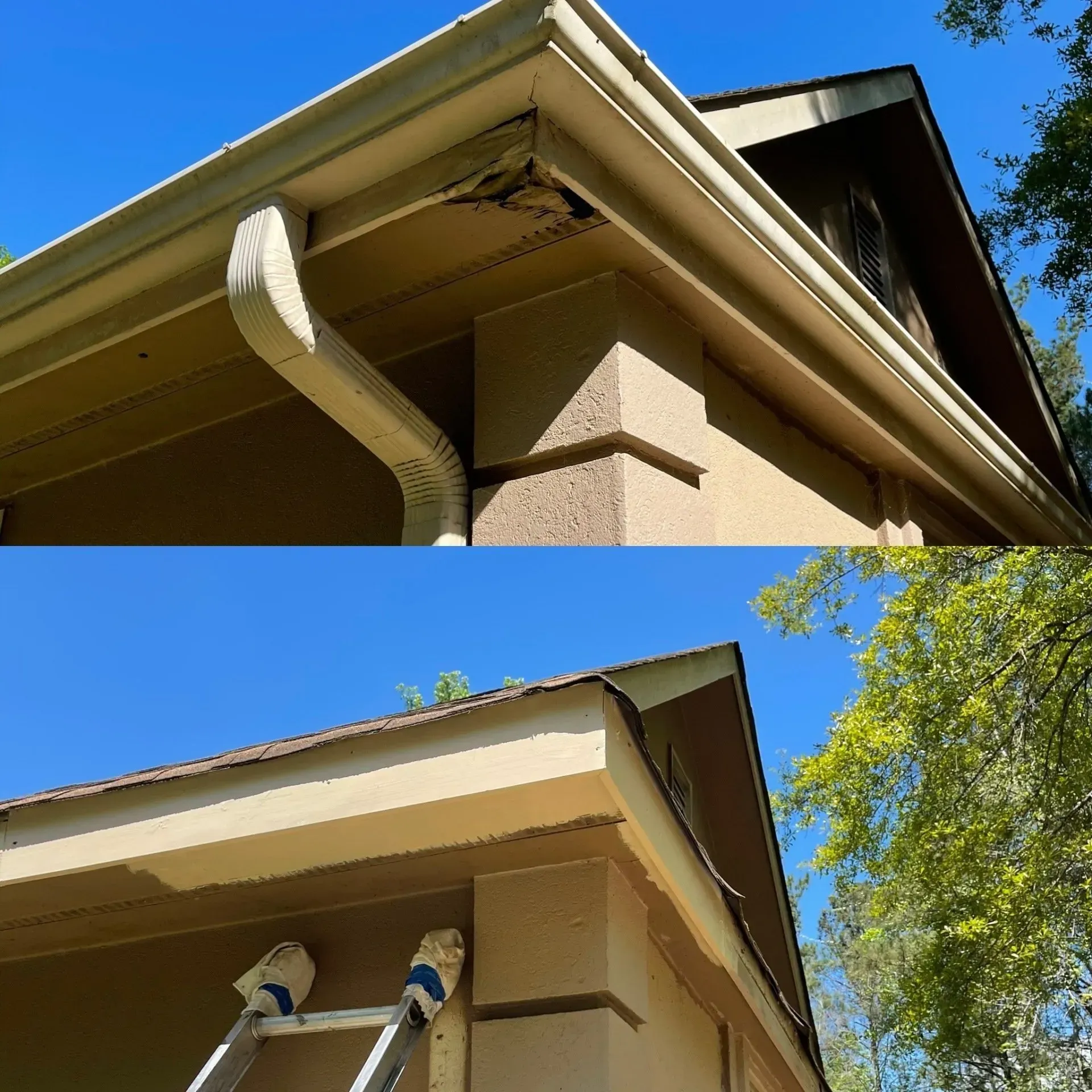 Before and after photos of gutter repair on a beige stucco house against a blue sky.