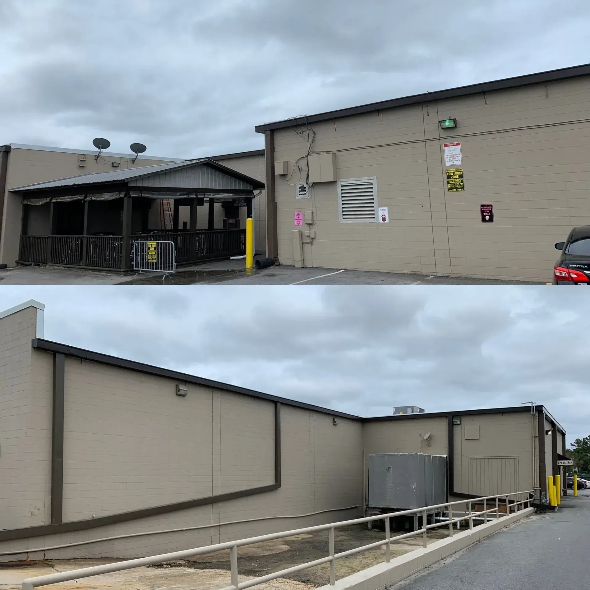Two-part photo: Beige building exterior with porch and ramp, cloudy sky.