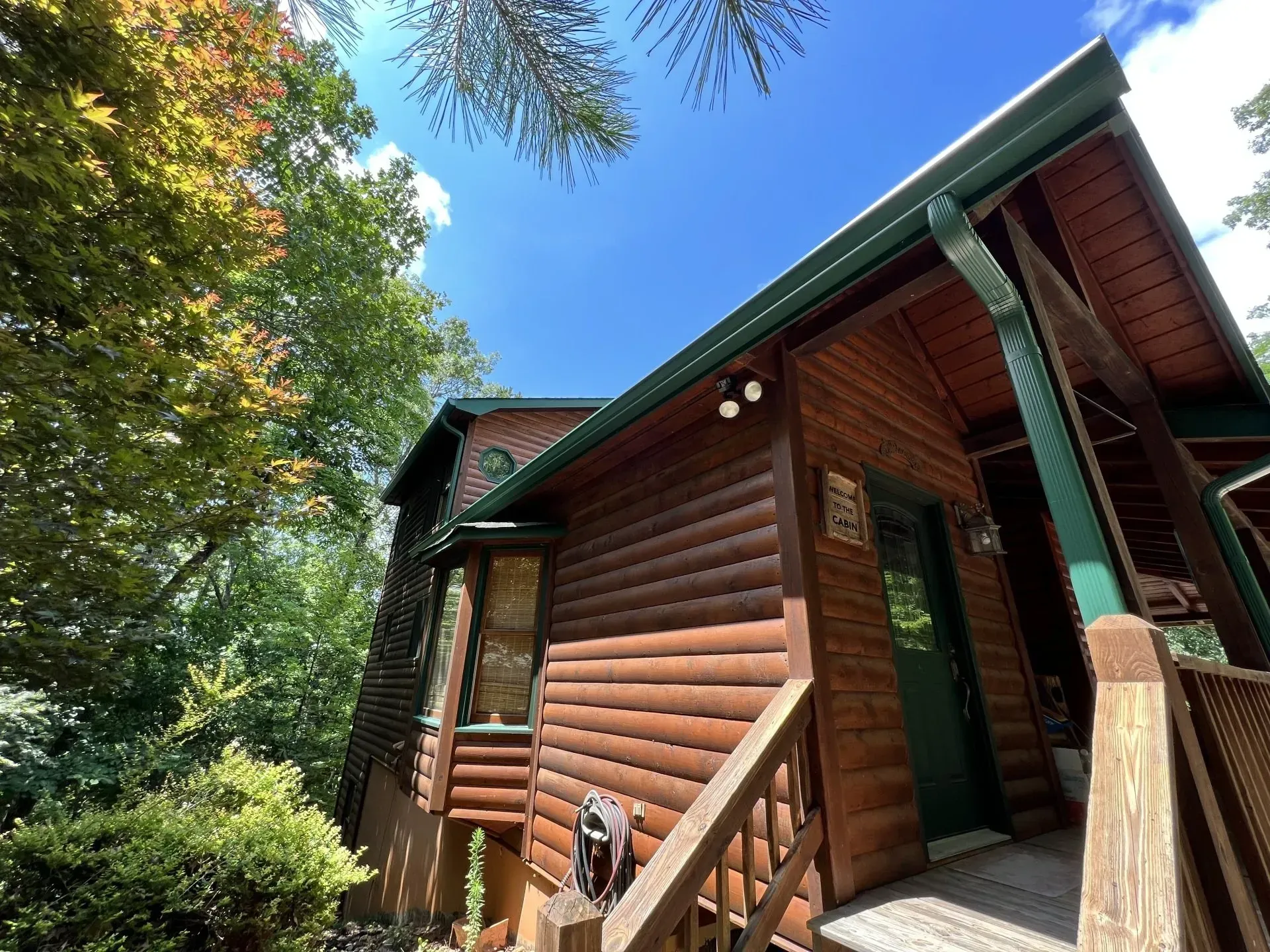 Wooden cabin nestled amongst trees under a bright blue sky.