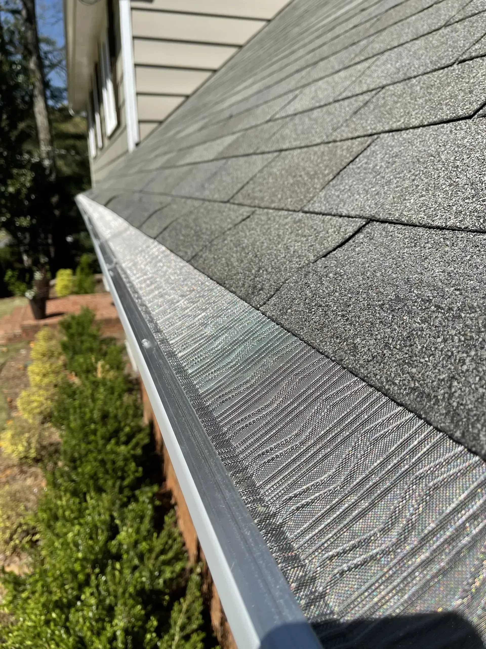 Close-up of house roof with gray shingles and a gutter covered by mesh, along with green bushes.