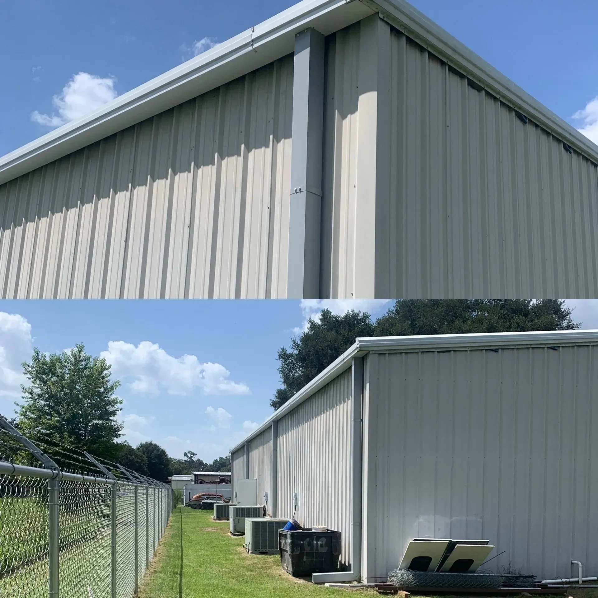 Metal building with vertical siding, white gutters, and downspout, against a blue sky.