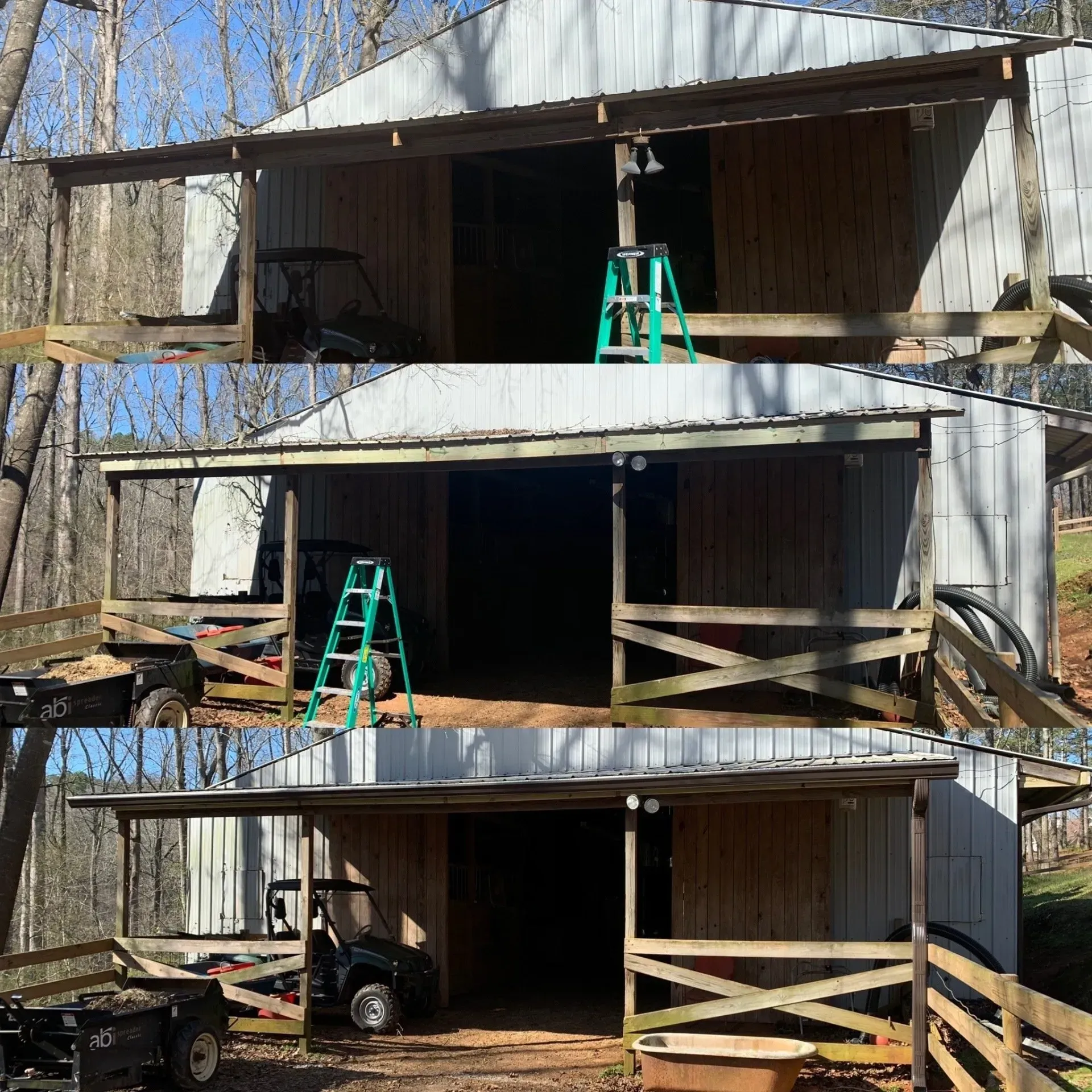 Three views of a barn with a porch. A green ladder is inside, a golf cart and wood pile are visible.