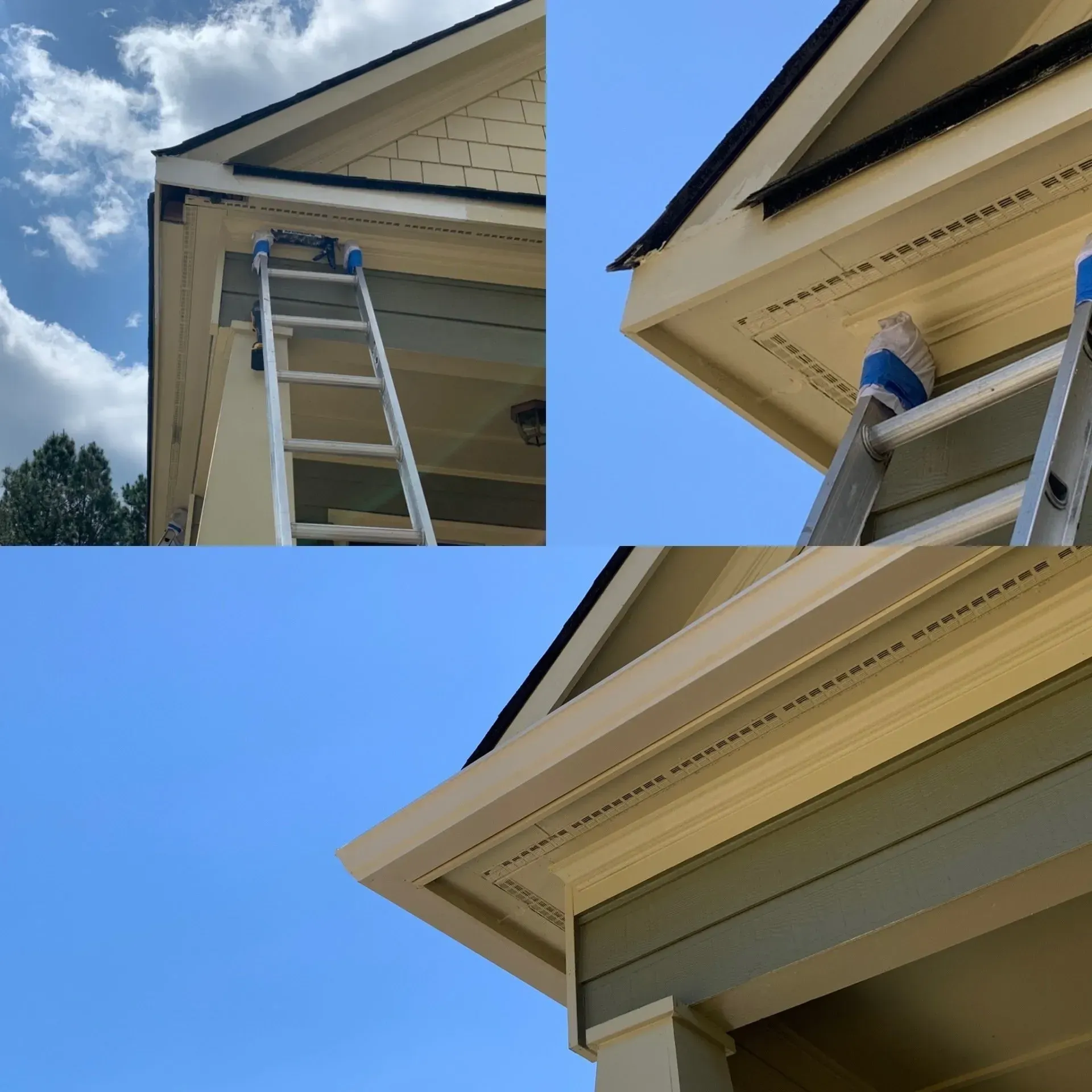 Three views of a house's eaves and soffit being worked on from a ladder; sky is visible.