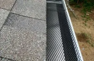 Gutter with black mesh guard on a roof.