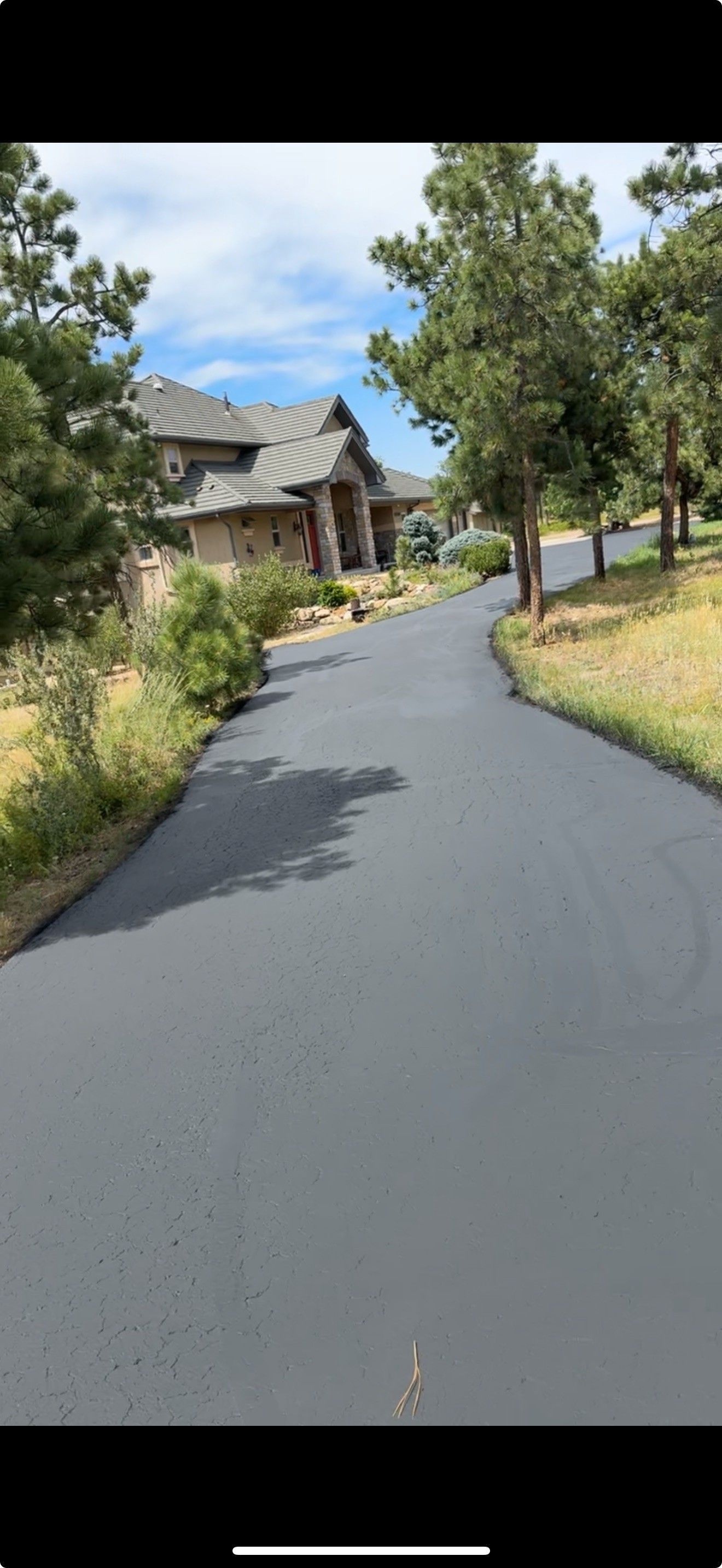 Driveway leading to a large house with stone siding. Trees and foliage line the drive on a sunny day.