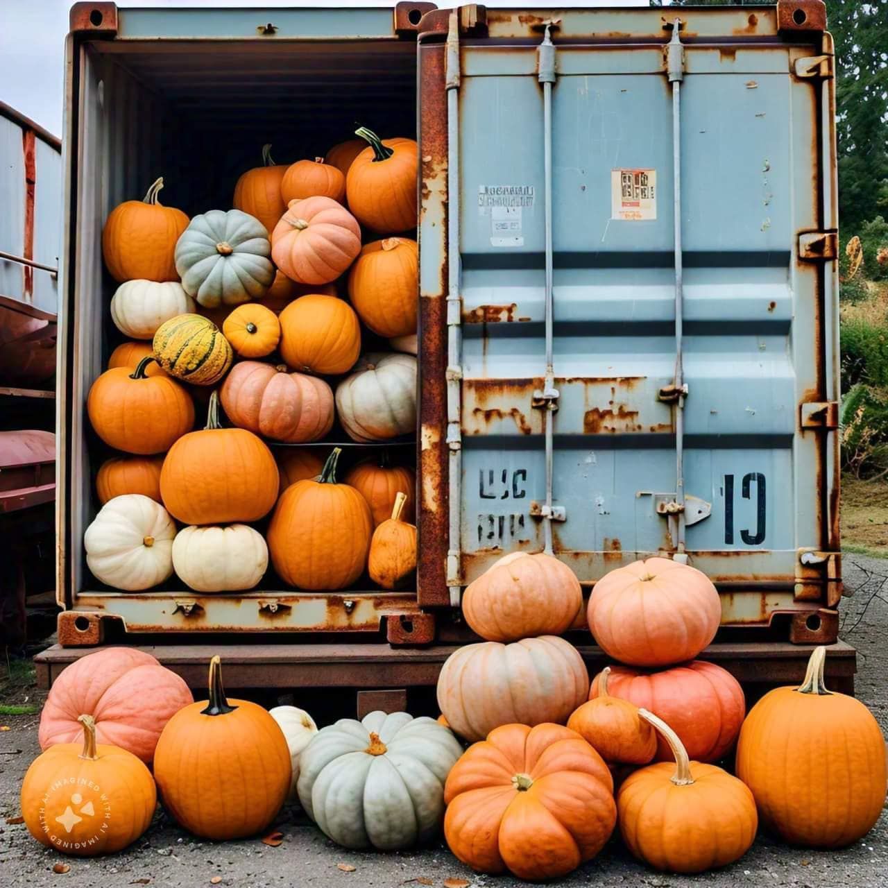 A shipping container filled with colorful pumpkins of various shapes and sizes, with more pumpkins arranged on the ground.
