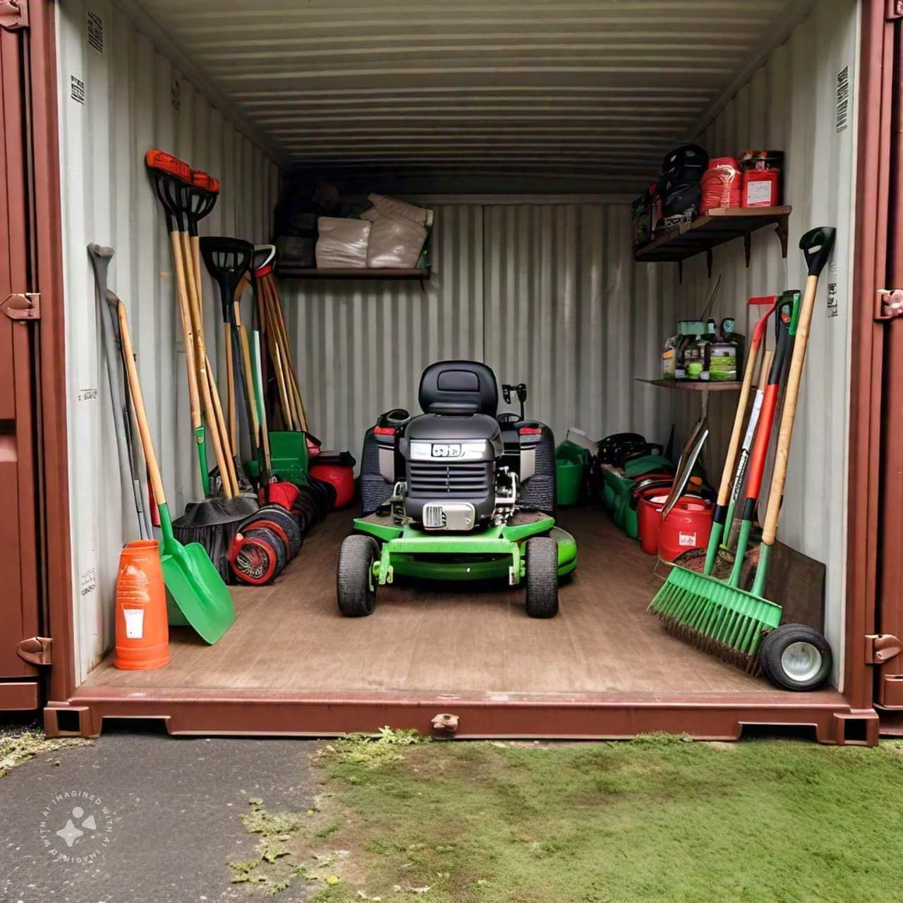 A green riding lawn mower parked inside a shipping container, surrounded by gardening tools, supplies, and storage shelves.