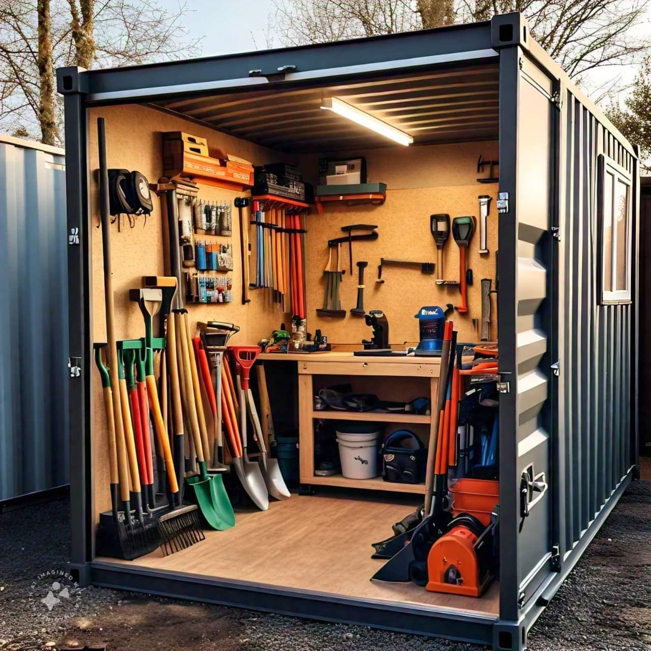 An organized storage container shed featuring a wooden workbench, wall-mounted tools, and various long-handled gardening gear.