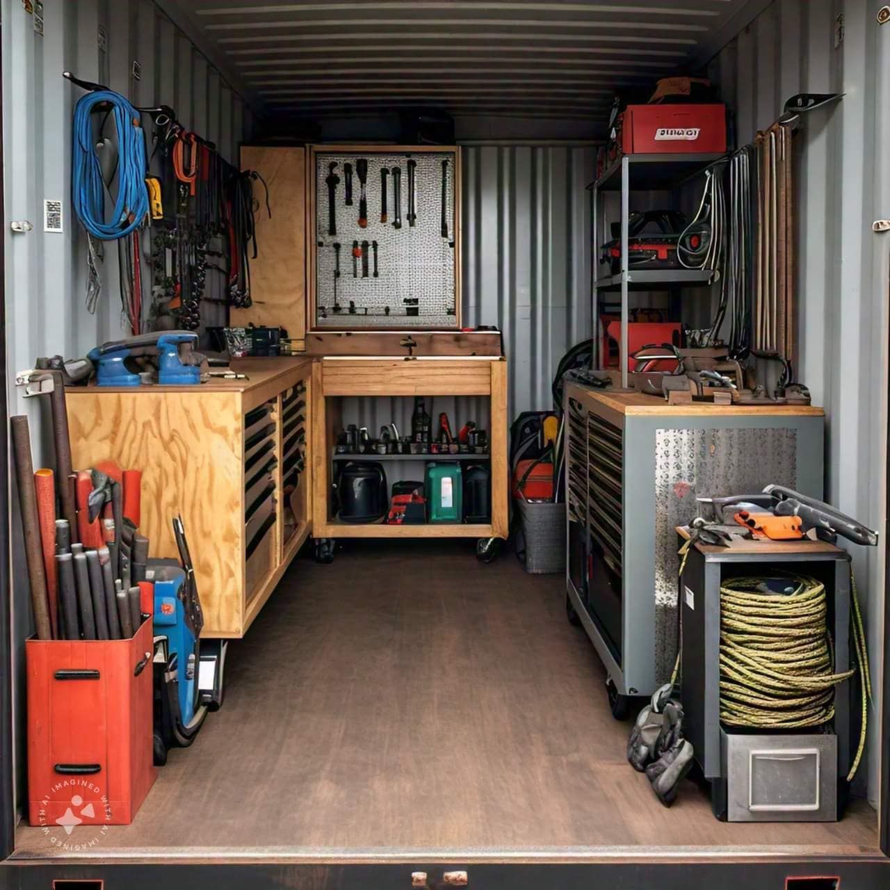 A well-organized workshop inside a shipping container with tool cabinets, workbenches, and wall-mounted storage.
