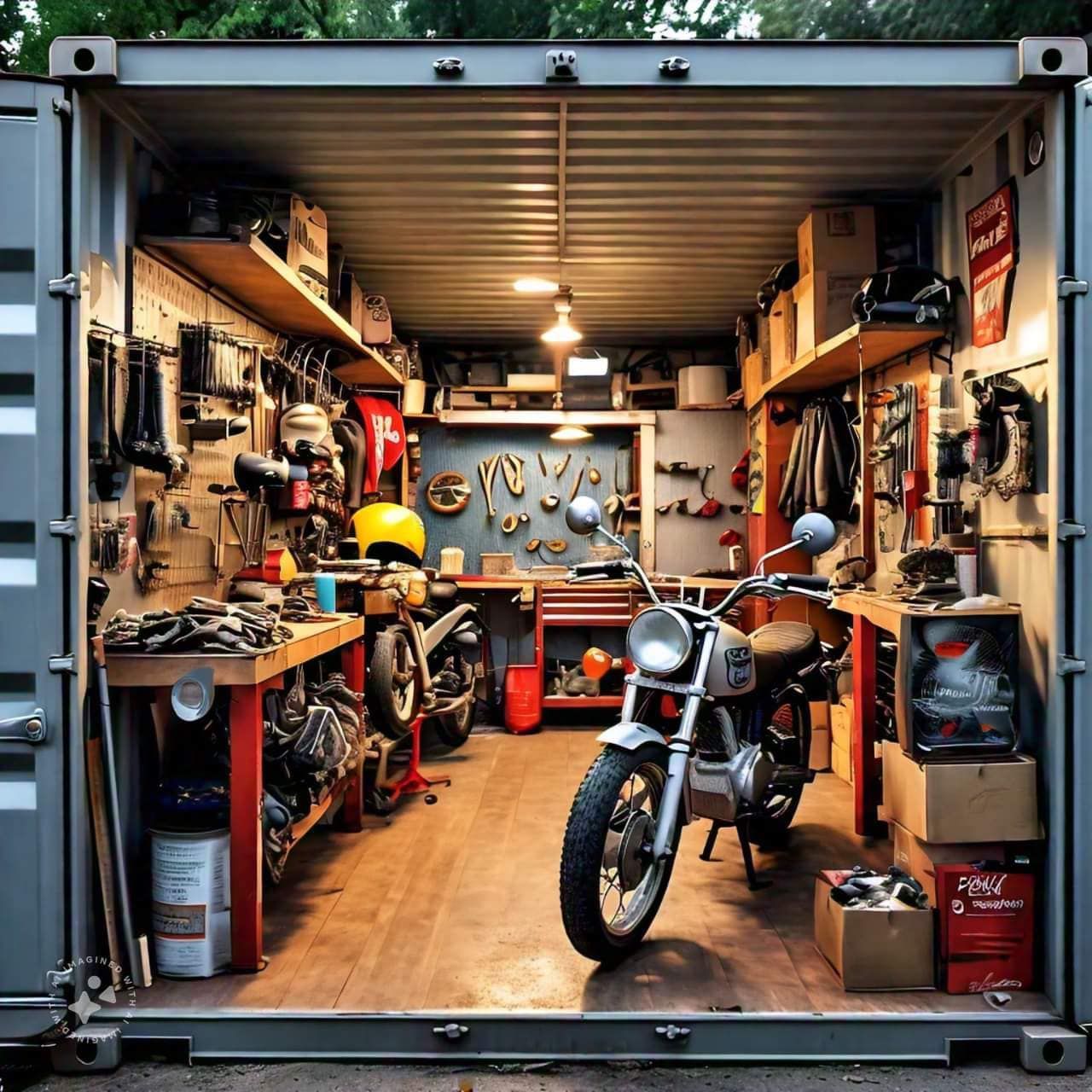 A motorcycle parked inside a shipping container converted into a workshop, featuring tools on shelves and a workbench.