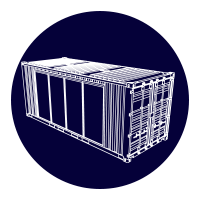 White line drawing of a shipping container on a dark blue circular background