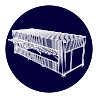 White line-art train on a dark blue circular background