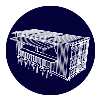 White line-art outdoor bar kiosk on a dark blue circle background