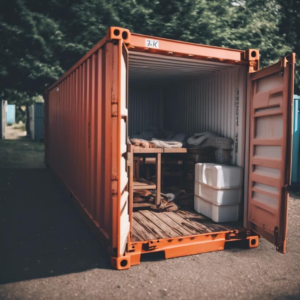 An open orange shipping container sits outdoors, holding a wooden workbench, some blankets, and white plastic containers.