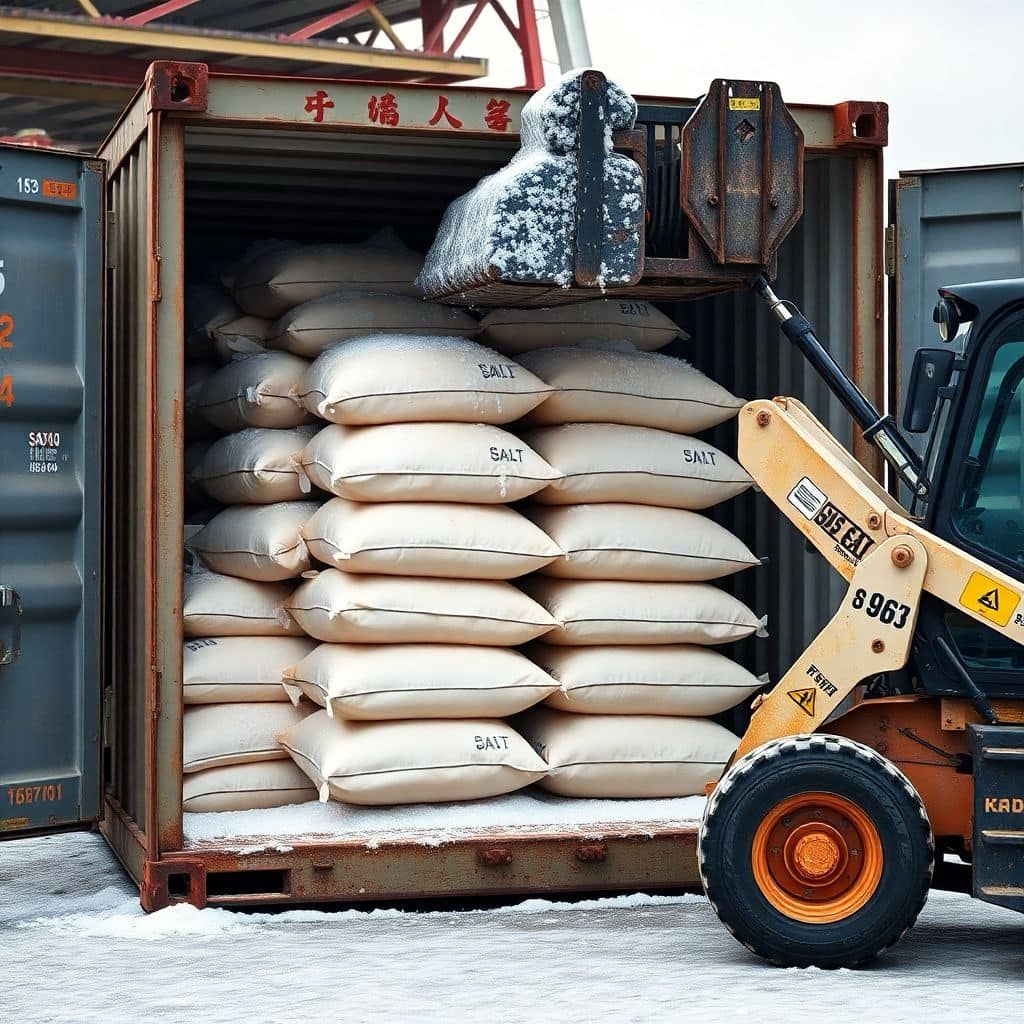A yellow skid-steer loader uses a snow-covered bucket to move stacked white sacks inside a shipping container.