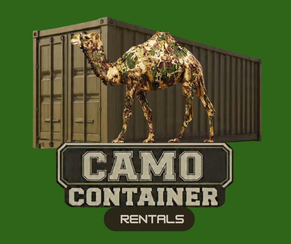 A camo-patterned camel stands in front of a green shipping container for Camo Container Rentals.
