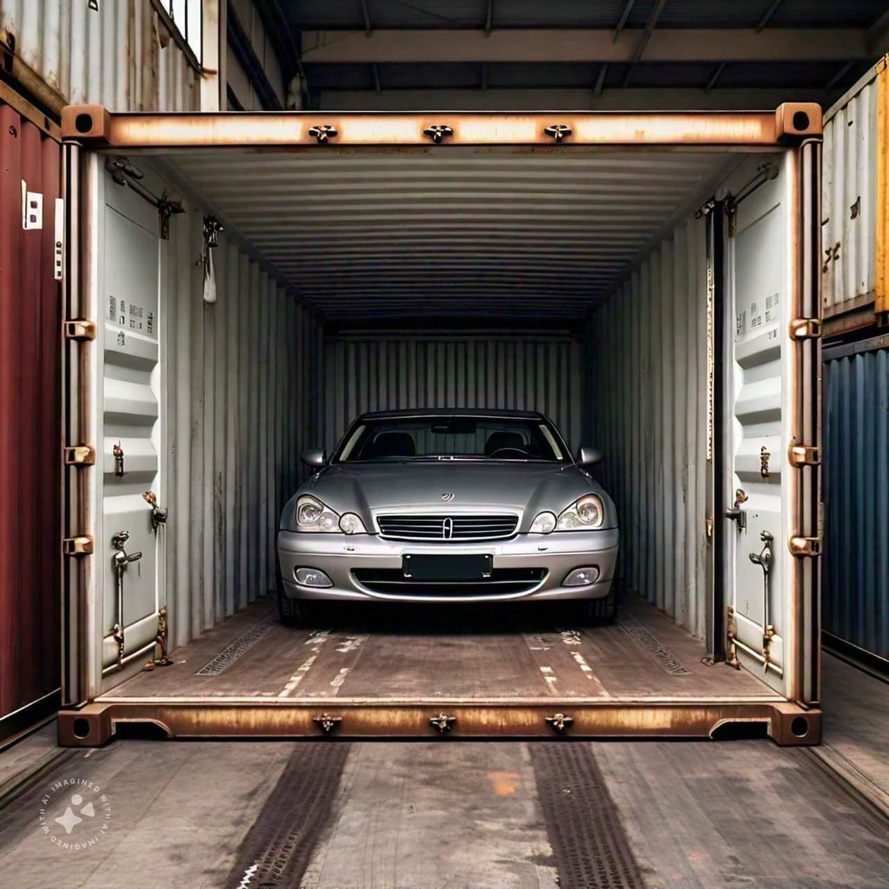 A silver car parked inside a large, open metal shipping container.