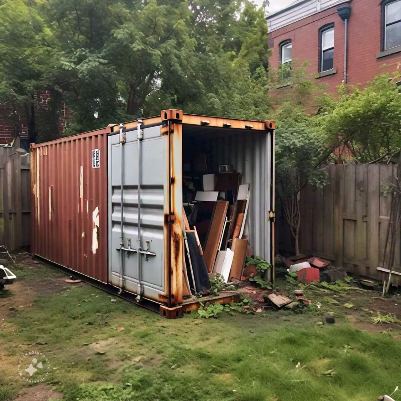 A red shipping container stands open in a backyard, filled with various boards and items, next to a wooden fence.