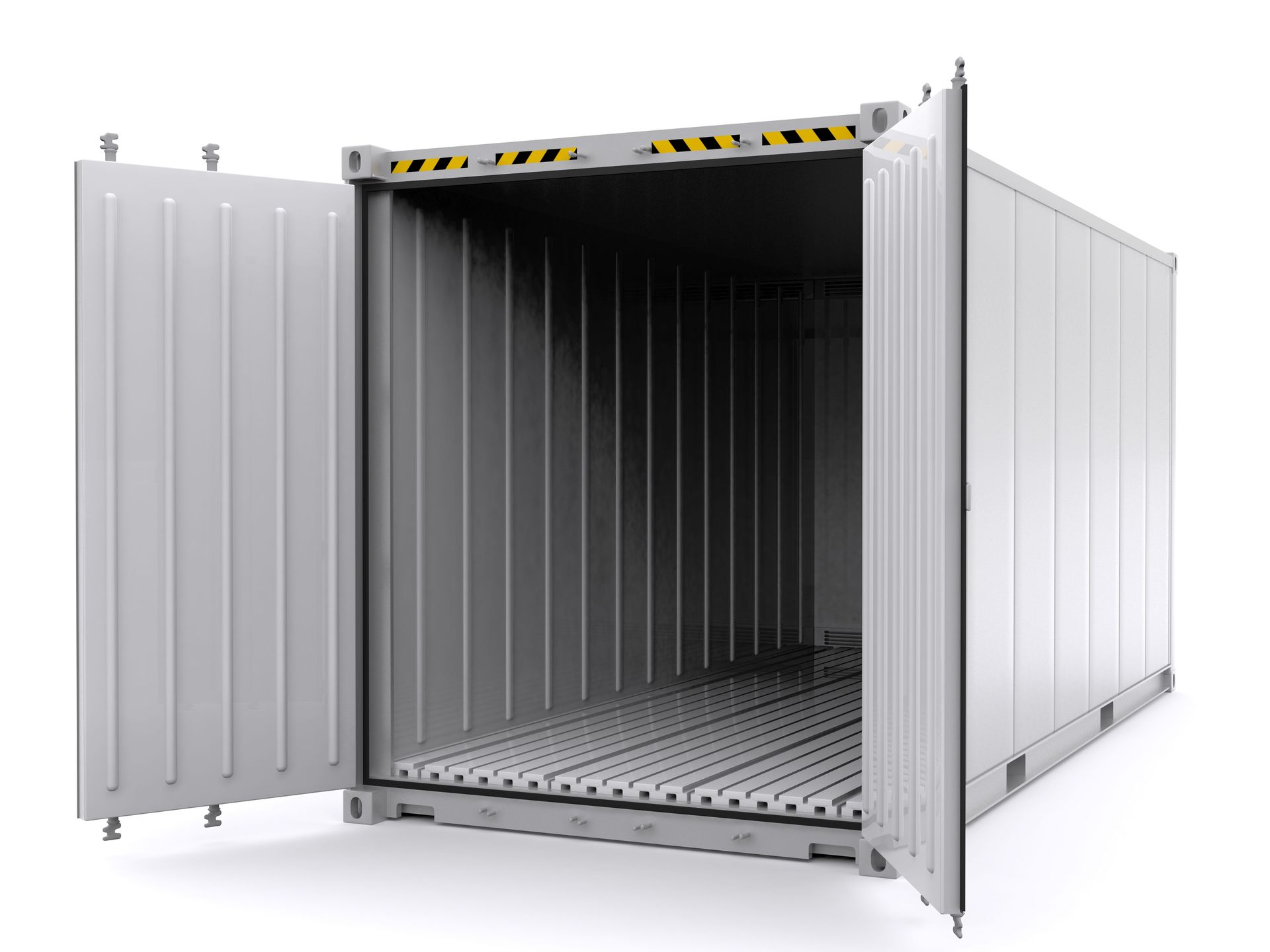 A white, open shipping container with an empty interior and visible corrugated metal walls on a white background.