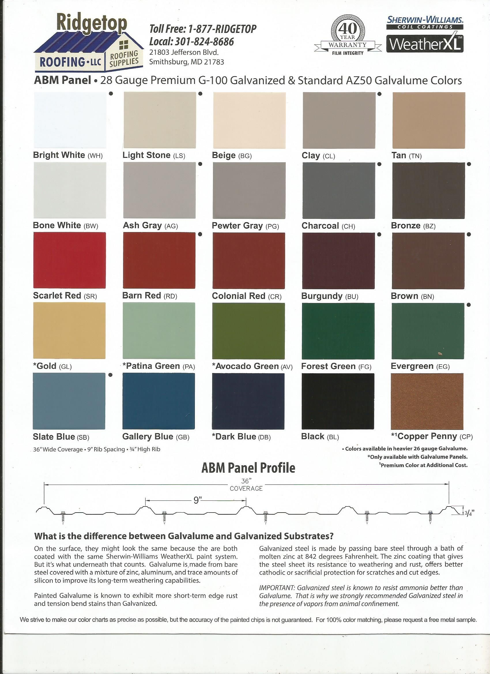 ABM Panel Color & Trim Chart - Ridgetop Roofing, LLC