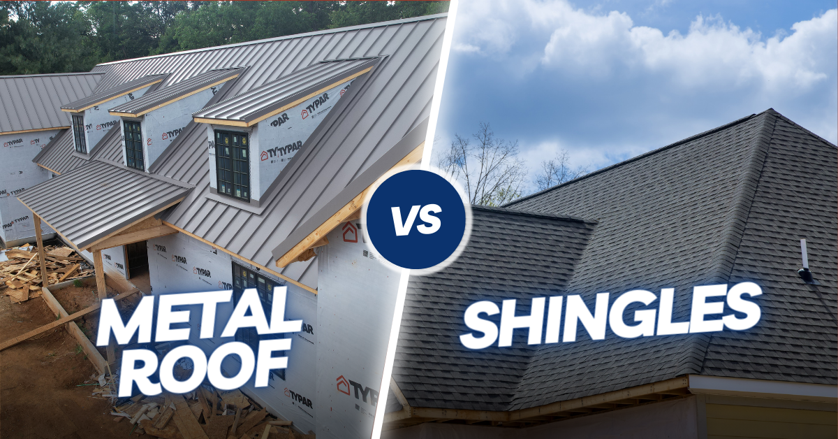 Metal Roof vs Shingles: Comparison - Metal roof highlighting durability, color options, weather resistance, energy efficiency, and eco-friendliness. Shingles displaying limited colors and maintenance needs. Choose metal roofing for superior performance.