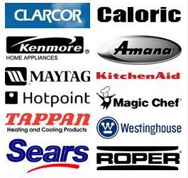 Clarcor, Caloric, Kenmore, Amana, Maytag, Kitchen Aide, Hotpoint, Magic Chef, Tappan, Westinghouse, Sears, Roper Logos