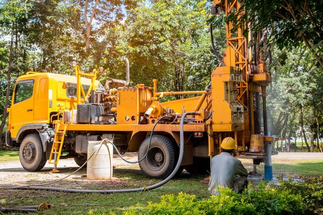Yellow drilling truck working on a borehole in a leafy wooded area, with a worker nearby.