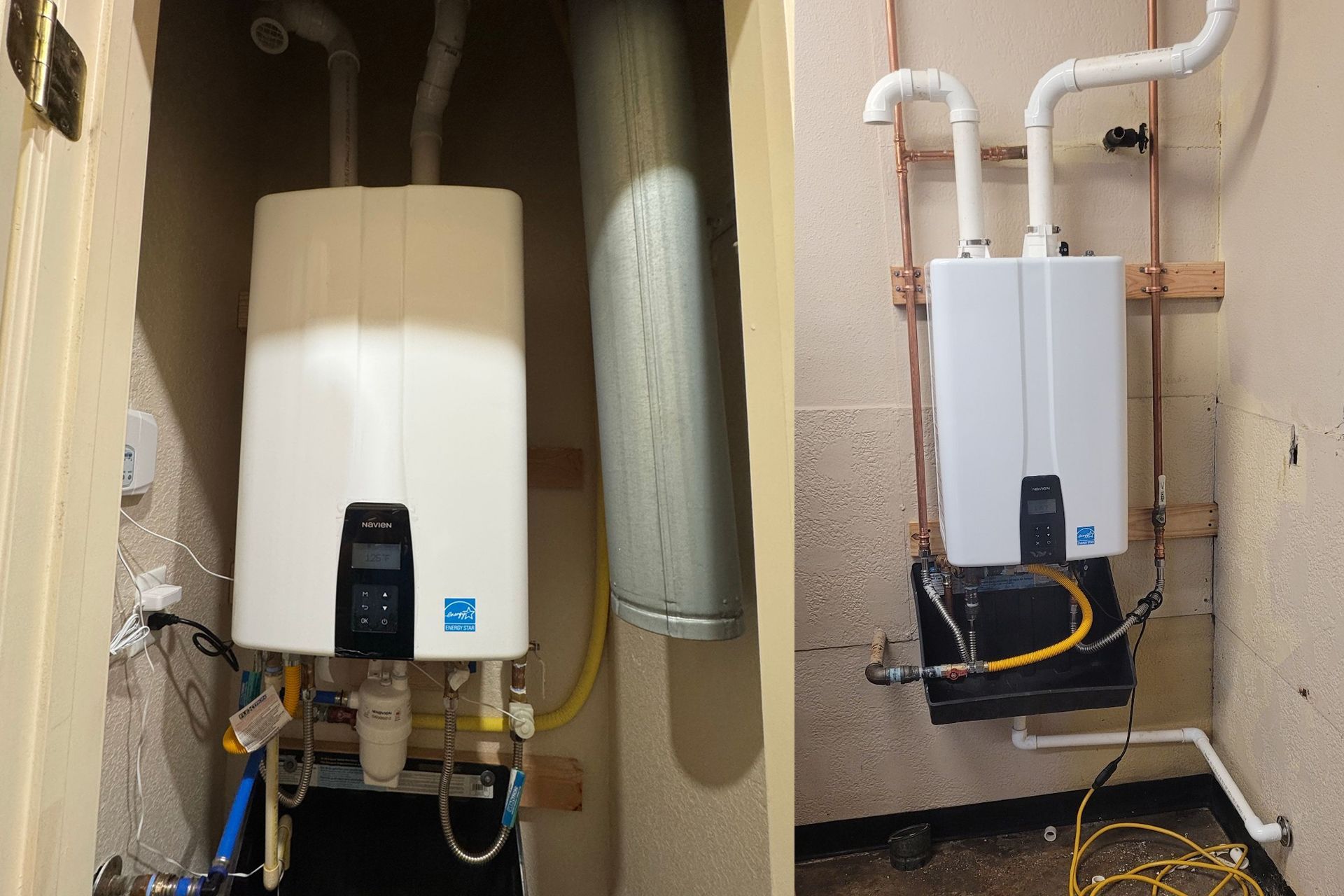 Two white tankless water heaters installed in enclosed spaces, with plumbing visible.
